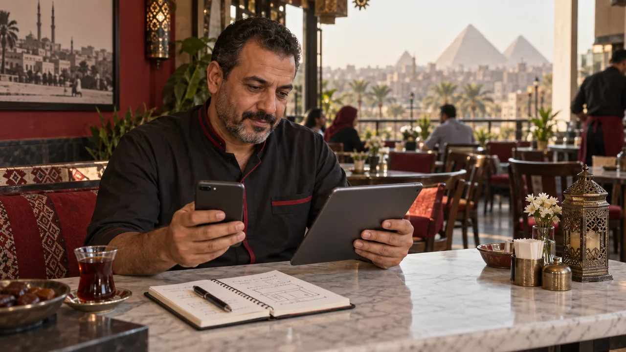 صاحب مطعم في القاهرة يراجع منيو رقمية على هاتف وجهاز لوحي