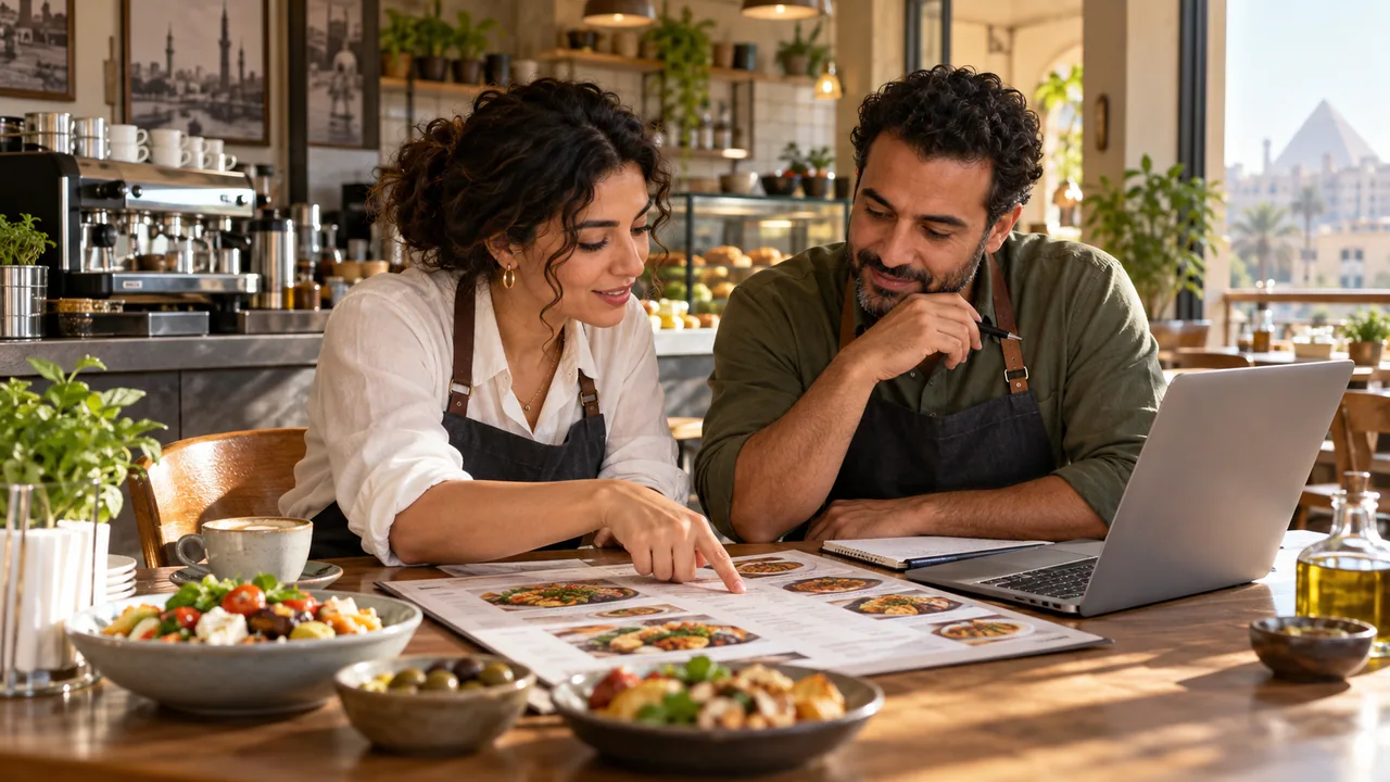 صاحبان لمطعم يراجعان المنيو ومؤشرات الأداء على جهاز كمبيوتر محمول