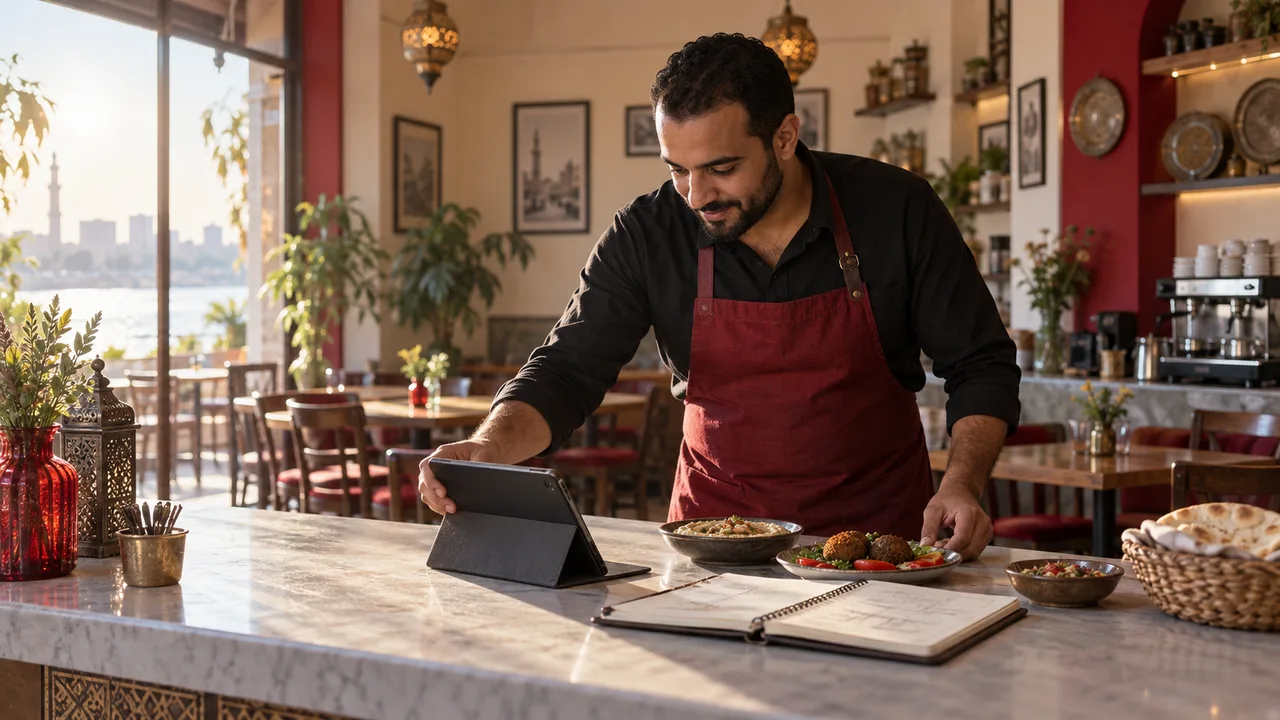 صاحب كافيه جديد يراجع خطة المنيو على جهاز لوحي قبل الافتتاح