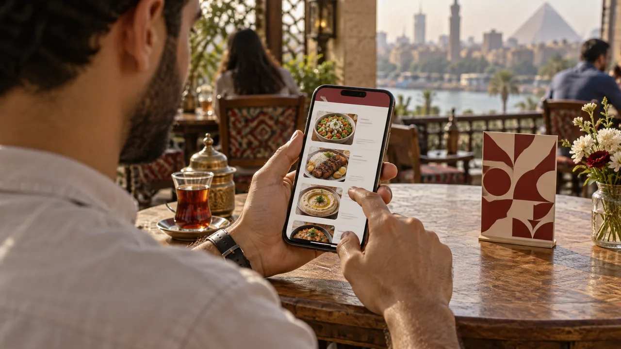 عميل يفتح منيو مطعم رقمية على الهاتف من الترابيزة