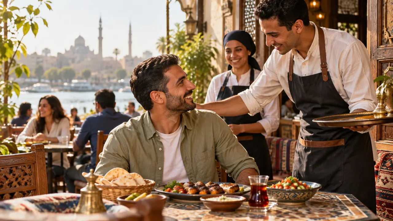 موظف مطعم يرحب بعميل عائد إلى مطعم محلي