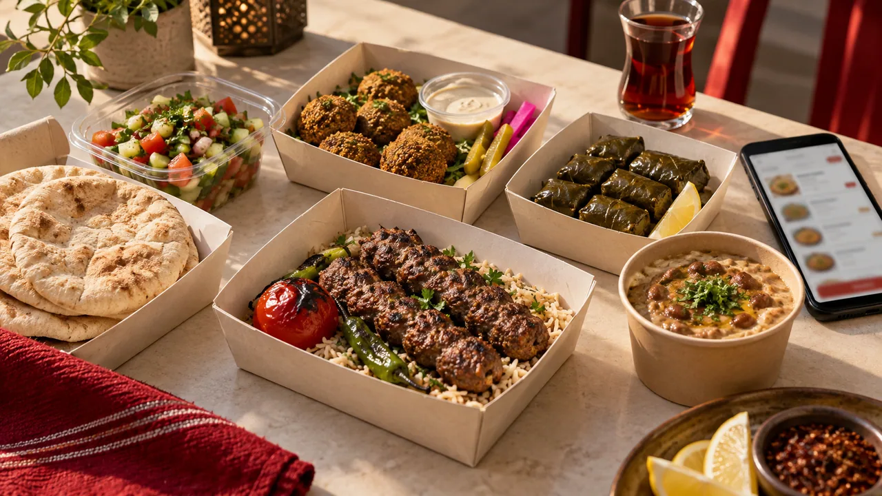 وجبات مصرية مرتبة في عبوات سفري بجانب هاتف يعرض قائمة مطعم