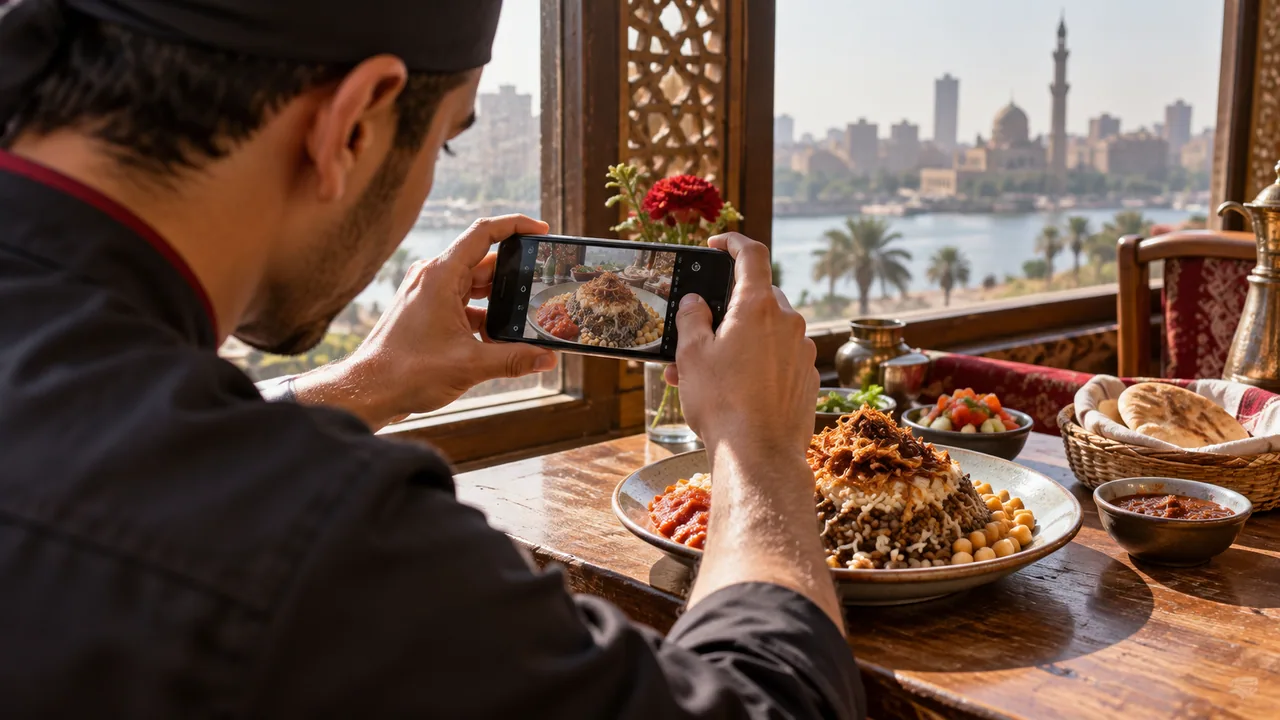 موظف مطعم يصوّر طبقًا مصريًا بالموبايل قرب نافذة