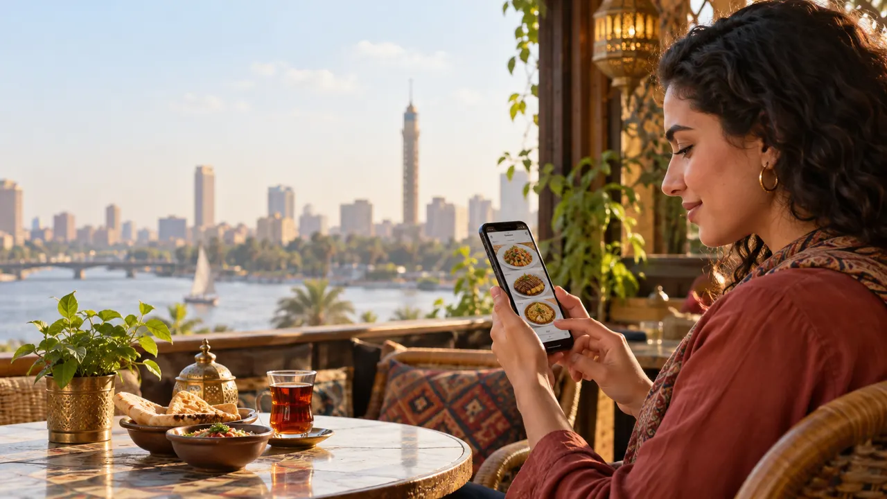 عميلة تستخدم منيو مطعم رقمية من هاتفها في مقهى بالقاهرة