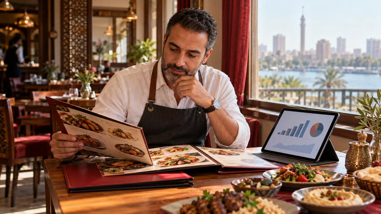 صاحب مطعم يراجع قائمة الطعام ومخططًا مبسطًا للمبيعات على جهاز لوحي