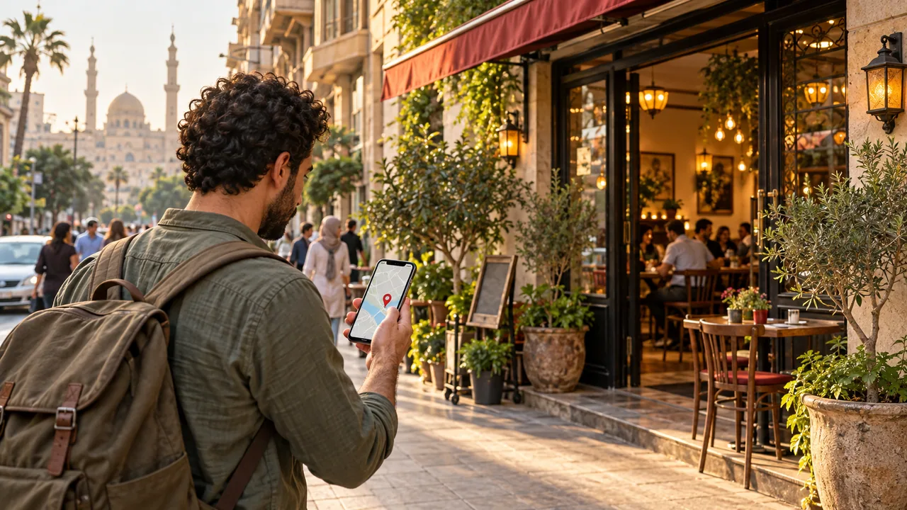 عميل يستخدم هاتفه للعثور على مطعم محلي قبل الدخول إليه